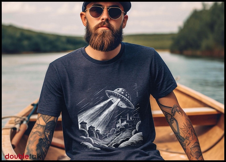 Retro UFO Shirt Sci Fi Clothing Vintage Alien Tee Flying Saucer Design Space Enthusiast Gift Unisex Cotton Jersey Short Sleeve Extraterrestrial Graphic Mysterious Spacecraft Apparel Geek Fashion Classic Fit Casual Wear Collector Item Unique