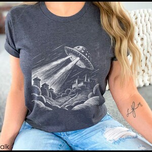 Retro Ufo Shirt Sci Fi Clothing Vintage Alien Tee Flying Saucer Space Enthusiast Gift Unisex Cotton Extraterrestrial Graphic Mysterious image 6
