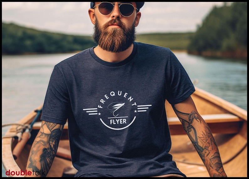 Fly Fishing Tshirt Fathers Day Gift Cotton Shirt Angler Present Frequent Flyer Design Trout Fishing Apparel Bass Fisherman Tee Dad Gift Idea Fishing Enthusiast Clothing Outdoor Hobby Wear Casual Comfortable Shirt Quality Print Jersey Short