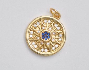 Brass Micro Pave Cubic Zirconia Pendants, Long-Lasting Plated, Flat Round with Sun, Real 18K Gold Plated, 18.5x16x2.5mm.