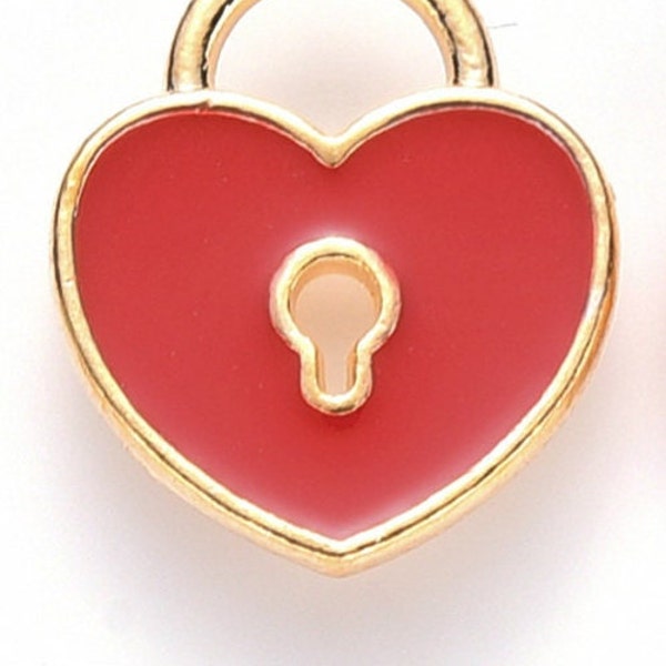 Cute Heart Lock Red Enamel Enamel Charm, Light Gold, Beautiful Kawaii Cute for Jewelry Making, Gold Plated. Valentine Theme
