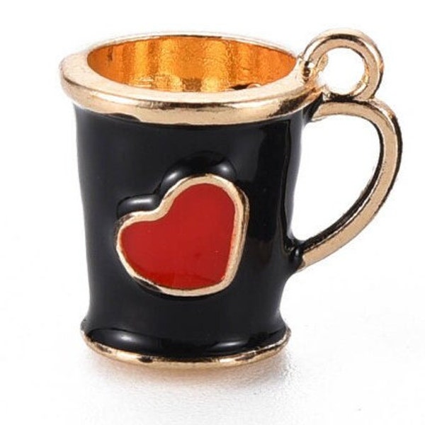 Black Red Coffee cup Charms with heart shape, Miniature Coffee cup pendant, Valentine charm | Ships Immediately from USA