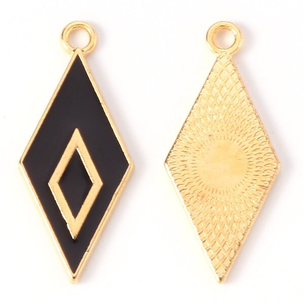 Black Diamond Shaped Charms, Enamel Gold Toned Geometric Shaped Pendants, Black Rhombus Charms 28x12mm.