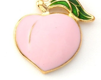 1, 2, 4 or 10 BULK Enamel Pink Peach Charm, Jewelry Making Peach Pendant, Pink Peach with Green leaf Charm,and Gold Plated.