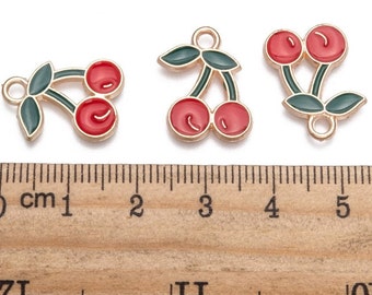 Cherry Enamel Pendants, Red Cherry Charm, Light Gold, 18x13mm, Hole: 2mm For Jewelry Making.