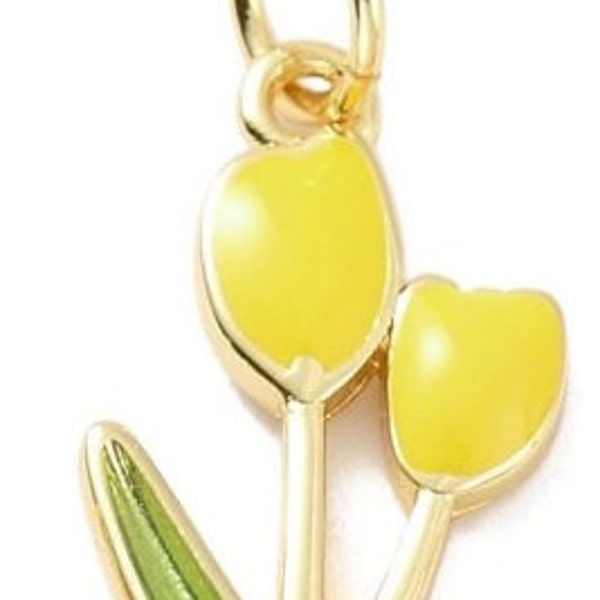 18K Gold Plated Brass Pendants with Enamel, Yellow Tulip Charm, Flower Charm, Tulip Flower Pendants Yellow Color