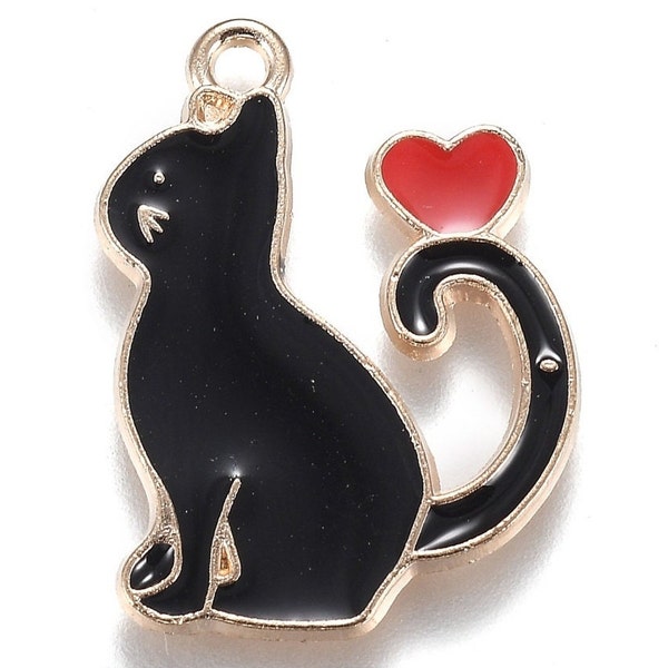 Black Enamel Cat with Heart Charm, I Love My Cat Pendant | Ships Immediately from USA