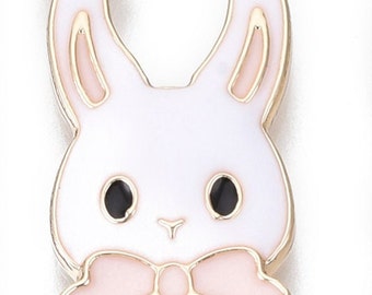 Cute Rabbit Head Charm with pink ribbon ties Beautiful Kawaii Cute for Jewelry Making Pink and White, Gold Plated. Rabbit Pendant, Easter.