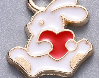 Cute White Bunny Enamel Pendants, White Rabbit Charm Light Gold, White Rabbit Holding Red Heart Enamel Charm, Cute for Jewelry Making.