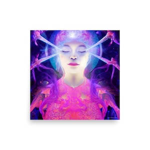 May include: A digital art print of a woman with her eyes closed, surrounded by a swirling, colorful aura. The woman's face is serene and peaceful, and the colors of the aura are vibrant and energetic.