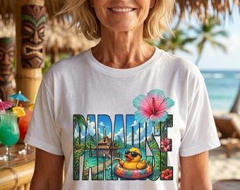 Paradise Duck T-Shirt | Tropical Hibiscus, Pool Float Retro Vacation Tee
