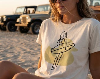 Minimal Surfer and Duck Silhouette T-Shirt | Surfboard Line Art Duck Tee