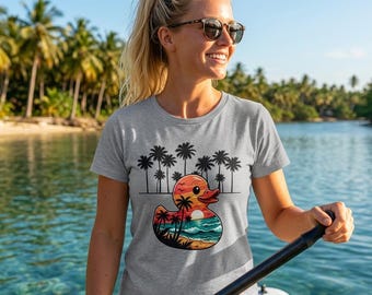 Sunset Rubber Duck T-Shirt | Tropical Beach Palm Tree Design