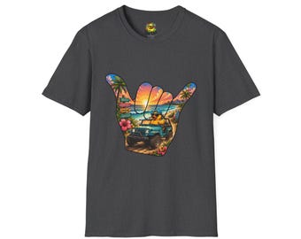 Surf Shaka Hand Rubber Duck T-Shirt | Tropical Sunset Duck Beach Scene