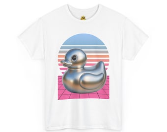 Camiseta retro metalizada con estampado de patito de goma / Camiseta de pato estilo pop art, diseño de atardecer de los años 70.