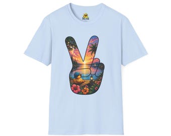Tropical Peace Sign Rubber Duck T-Shirt | Sunset Beach Palm Trees Hibiscus Duck