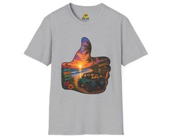 Sunset Jeep Duck Thumbs Up T-Shirt | Beach Jeep, Palm Trees, Retro Vibes