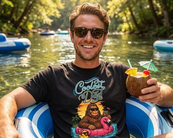 Coolest Dad Bigfoot on Float with Rubber Duck T-Shirt | Retro Tropical Sunset
