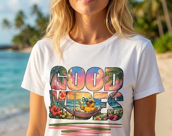 Good Vibes Duck Shirt | Tropical Duck Beach Graphic, Sunset Letters