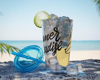 Summer Paradise Rubber Duck and Surfer Girl Tumbler | 16oz Straw Cup