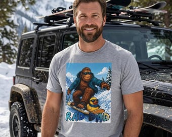 Bigfoot and Rubber Duck Snowboarding Rad Dad T-Shirt | Sasquatch Winter Ski Graphic Tee