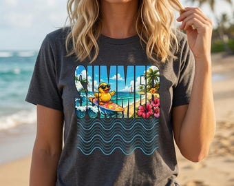 Summer Duck Beach Scene T-Shirt | Retro Waves, Palm Trees, Tropical Duck