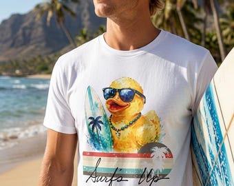 Surfing Rubber Duck T-Shirt | Retro Palm Sunset, Sunglasses Beach Vibe