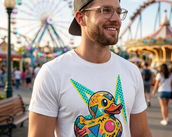 Retro Pop Art Rubber Duck T-Shirt | Neon Geometric Duck Tee