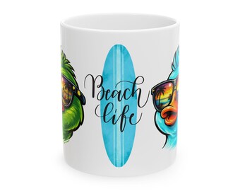 Beach Life Surfboard Parrot Mug | Tropical Sunglasses Coffee Cup