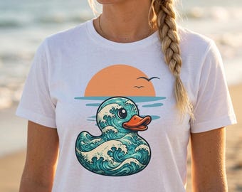 Ocean Wave Rubber Duck T-Shirt | Sunset Seagull Illustration