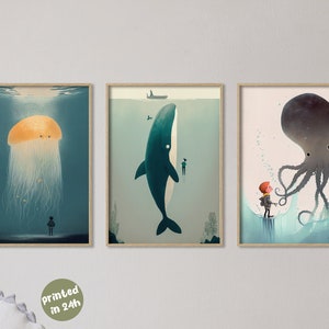 Nautical Set of 3 | JellyFish, Whale, Octopus | Abstract and Minimalist Decor Print I Fish Illustration I Printed Art I Retro Nursery
