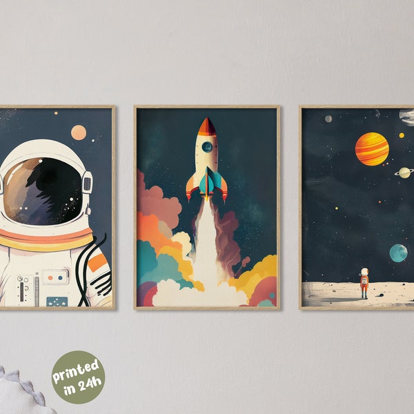 3er Set Abenteuer Kinderzimmer Poster | Astronaut Raketenschiff und Distant Galaxy Wandbilder für Kinderzimmer Dekor | Planeten