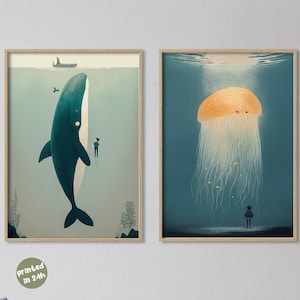 Set of 2 Whale and an Jellyfish with a friend I  Abstract and Minimalist Nursery Art I Under the Sea Illustration I Printed I Retro Nursery