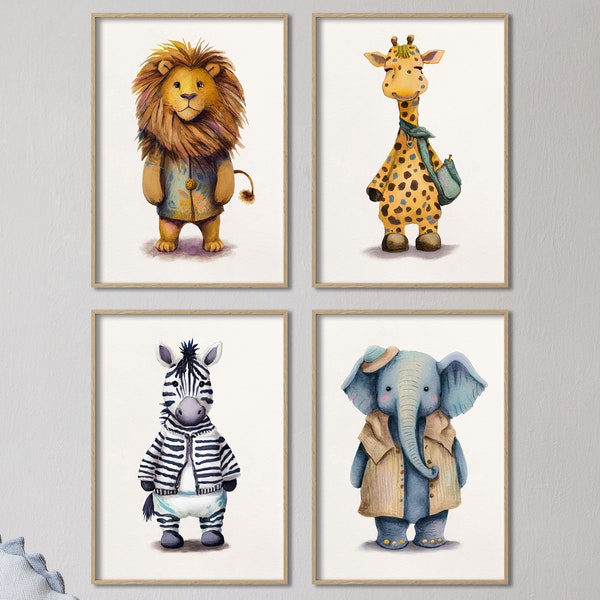 Safari Friends I Set of 4 I Kids and Nursery Prints | Lion Giraffe Zebra Elephant | Scandi Nursery Gallery I Nordic | Wall Art I Abstract