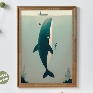 Whale and a Boy Floating I Abstract and Minimalist Nursery Decor Print I Simple Fish Illustration I Printed I Retro Nursery I Whimsy Animal