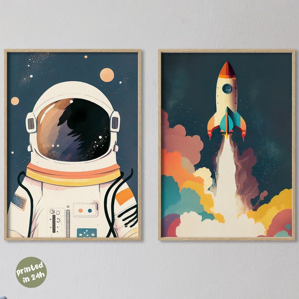 Lot de 2 I Astronaute et une fusée I Affiche de décoration de chambre d'enfant minimaliste I Illustration de vaisseau spatial I Art imprimé I Chambre d'enfant rétro I Artisanat Espace Ciel