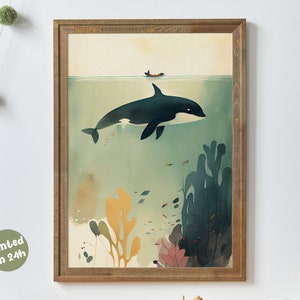 Whale Orca Floating I Abstract and Minimalist Nursery Decor Print I Simple Fish Illustration I Printed I Retro Nursery I Whimsy Animal