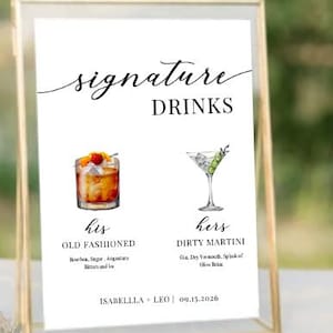 Signature Drinks Sign Template, Signature Cocktail Sign, Minimalist Wedding Bar Menu Sign, His and Hers Bar Sign, Editable Template