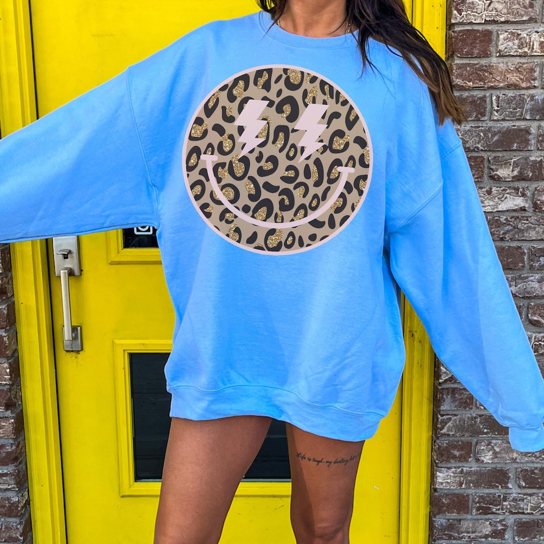 Smile Face Leopard Print Lightning Bolt Sweatshirt Smile Face Crewneck smile-face-leopard-print-lightning-bolt-sweatshirt-smile-face-crewneck