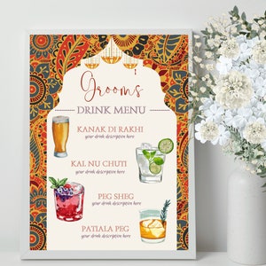 Aangepast bewerkbaar drankmenu | Punjabi-drankmenu | Barmenu | Drankmenu bruiloft | Indiaas drankenmenu | Indiaas bruiloftdrankmenu
