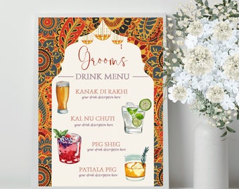 May include: A printable groom's drink menu with an ornate, colorful, paisley design. The menu features four drinks with illustrations and names in English: Kanak Di Rakhi, Kal Nu Chuti, Peg Sheg, and Patiala Peg.