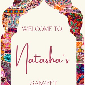 May include: A colorful invitation with a floral archway design. The text reads "Welcome to Natasha's Sangeet, May 2nd 2022 #NATFOUNDMAT".
