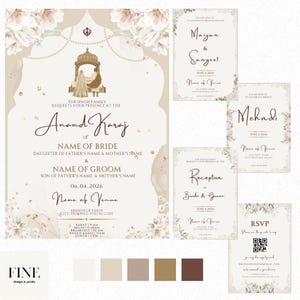 May include: A set of wedding stationery in cream and brown tones. The main invitation card features floral designs, gold embellishments, and elegant typography. Additional cards provide details for the Maiyan & Sangeet, Mehndi, Reception, and RSVP.