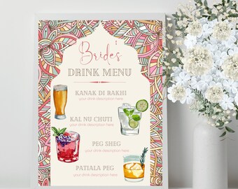 May include: A printable bridal shower drink menu with a colorful mandala design. The menu features four drinks: Kanak Di Rakhi, Kal Nu Chutti, Peg Sheg, and Patiala Peg. Each drink is illustrated with a watercolor image.