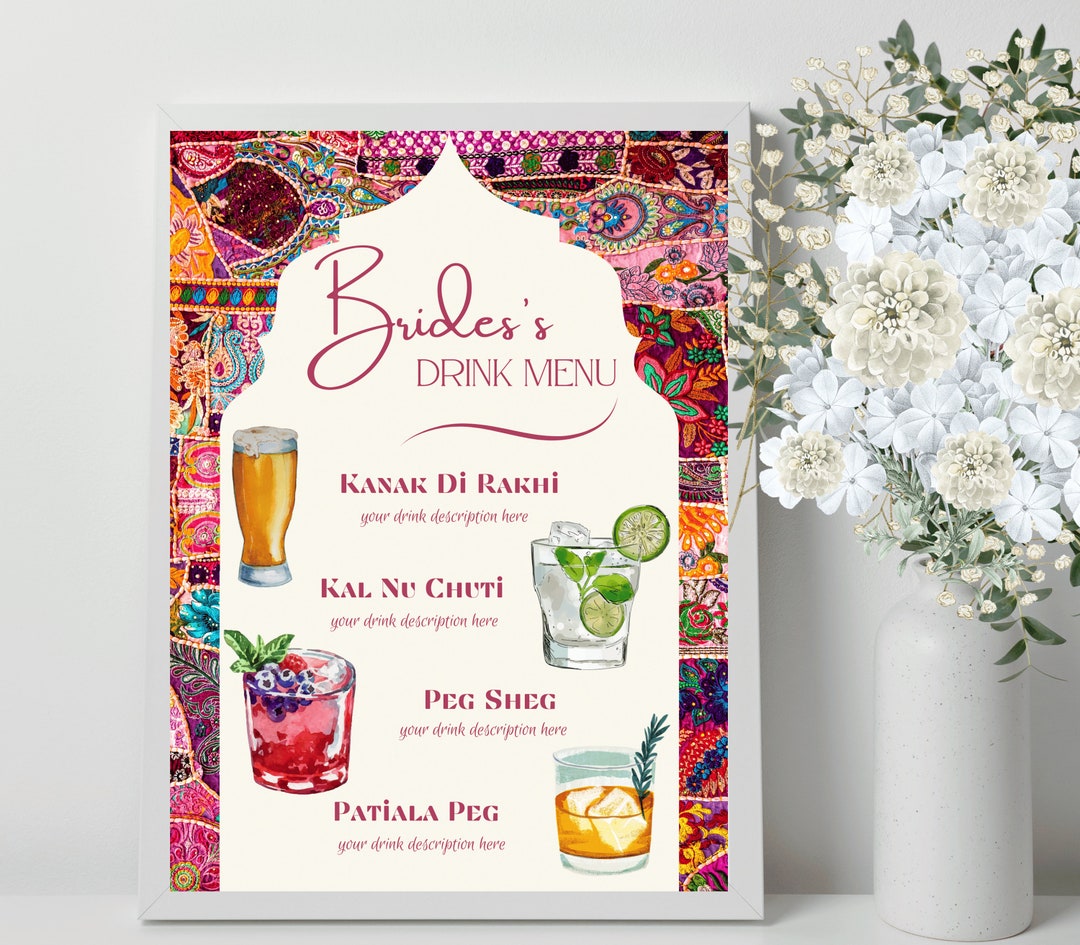 Custom Drink Menu Punjabi Drink Menu Bar Menu Wedding Drink Menu Indian