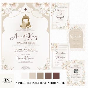 Può includere: Un set di inviti modificabili in 5 pezzi con una palette di colori neutri. L'invito principale presenta il testo "Anand Karaj" e decorazioni floreali. Ulteriori biglietti includono "Maigen & Sangeet", "Mehndi", "Reception" e un biglietto RSVP.