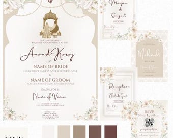 Può includere: Un set di inviti modificabili in 5 pezzi con una palette di colori neutri. L'invito principale presenta il testo "Anand Karaj" e decorazioni floreali. Ulteriori biglietti includono "Maigen & Sangeet", "Mehndi", "Reception" e un biglietto RSVP.