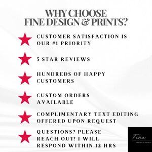 May include: White background with text: "WHY CHOOSE FINE DESIGN & PRINTS?" followed by a list of reasons, each marked with a red star. The reasons include customer satisfaction, 5-star reviews, happy customers, custom orders, text editing, and a promise to respond within 12 hours. A black logo is in the bottom right corner.
