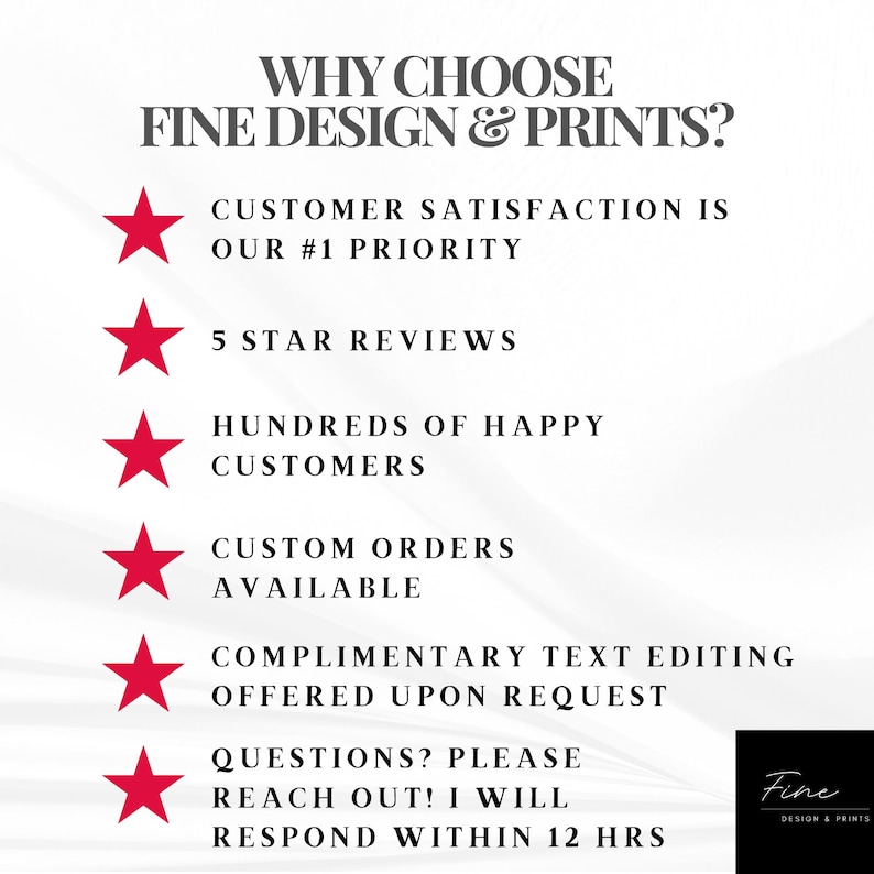 May include: White background with text: "WHY CHOOSE FINE DESIGN & PRINTS?" followed by a list of reasons, each marked with a red star. The reasons include customer satisfaction, 5-star reviews, happy customers, custom orders, text editing, and a promise to respond within 12 hours. A black logo is in the bottom right corner.