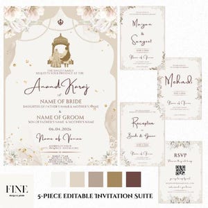 Könnte beinhalten: Ein 5-teiliges, editierbares Hochzeitseinladungs-Set mit floralem Design. Die Haupteinladung zeigt den Text "Anand Karaj" und Details für Braut und Bräutigam. Zusätzliche Karten für Maiyan & Sangeet, Mehndi, Empfang und RSVP.